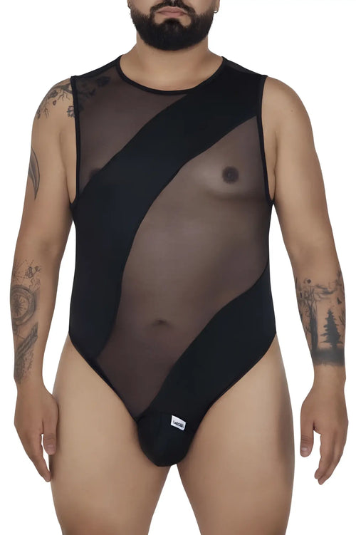 Black sheer mesh bodysuit with opaque panels and round neckline candyMan 99699X in black color