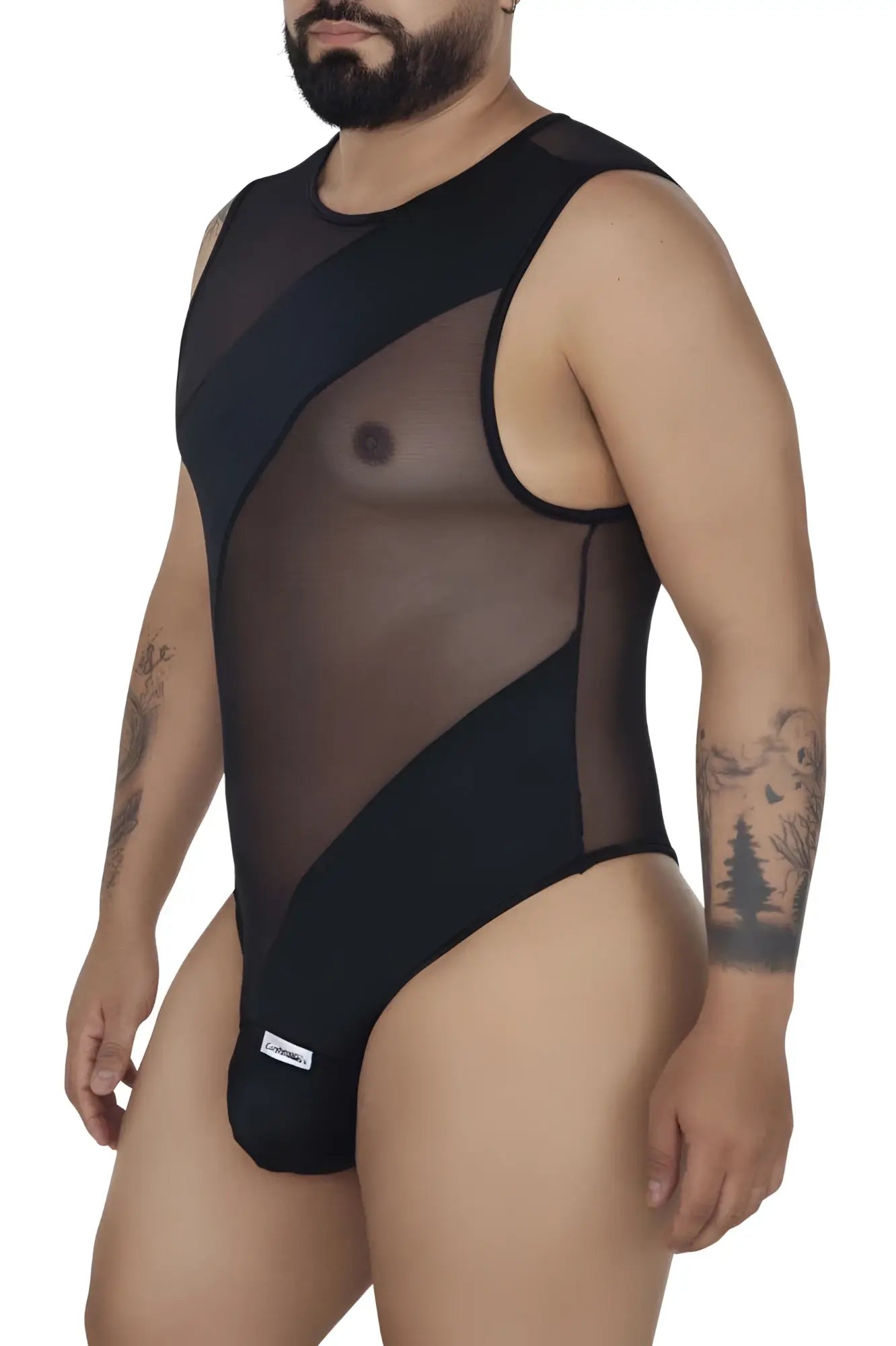 Black candyMan 99699X sheer mesh bodysuit with opaque panels and round neckline front view