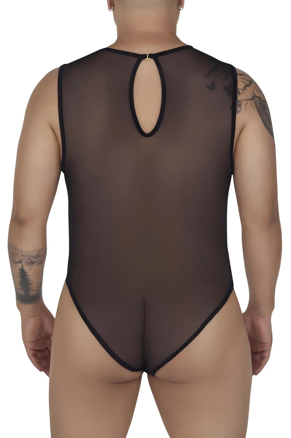 Black sheer mesh one-piece bodysuit with black trim and keyhole back opening by candyman 99699x shown from back