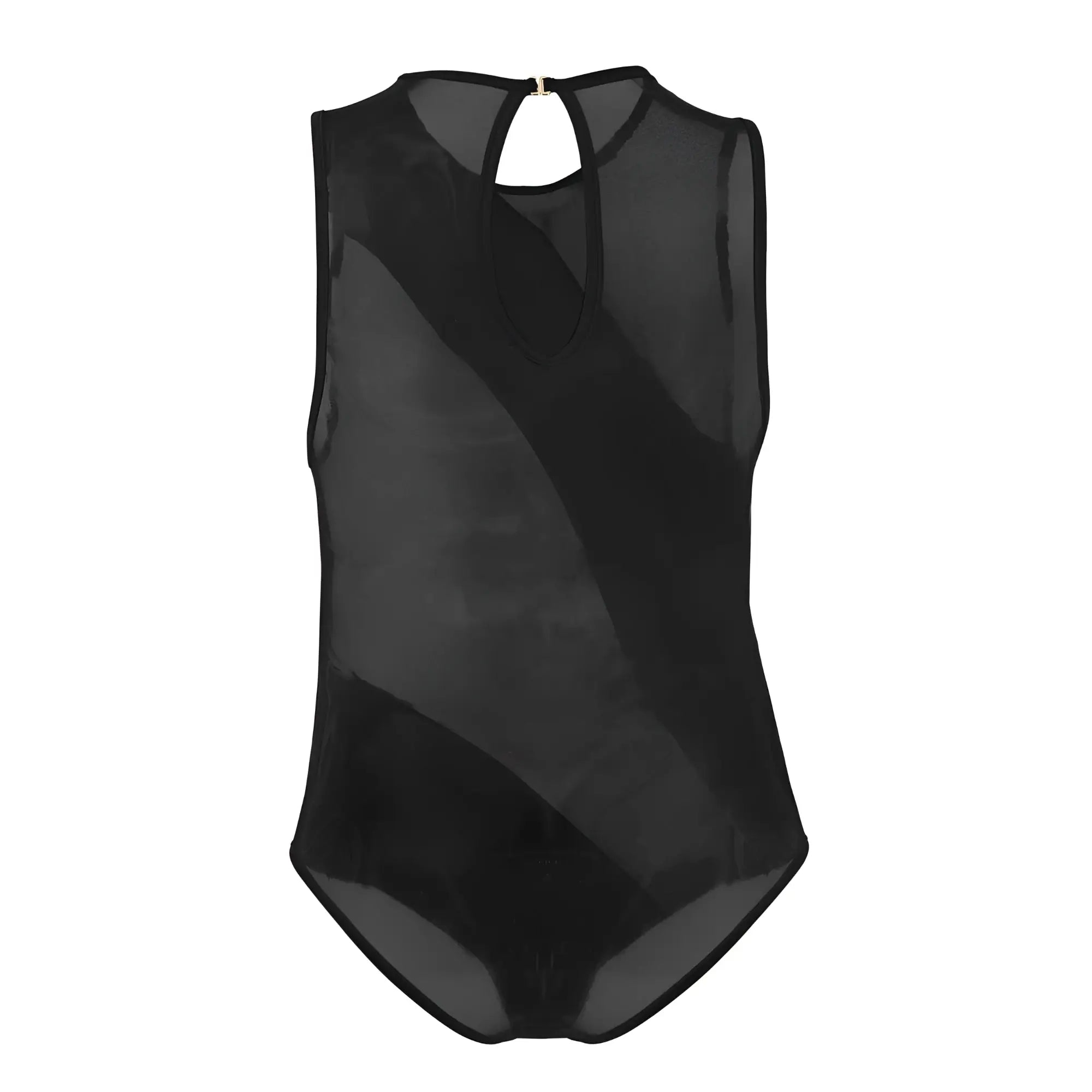 Black sheer mesh one-piece bodysuit candyman 99699x with keyhole neckline and back closure shown from the back