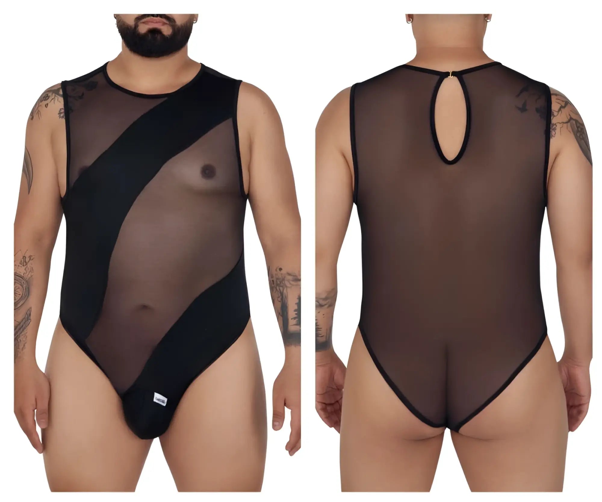 CandyMan 99699X black mesh bodysuit with opaque panels and keyhole back detail shown from the back side