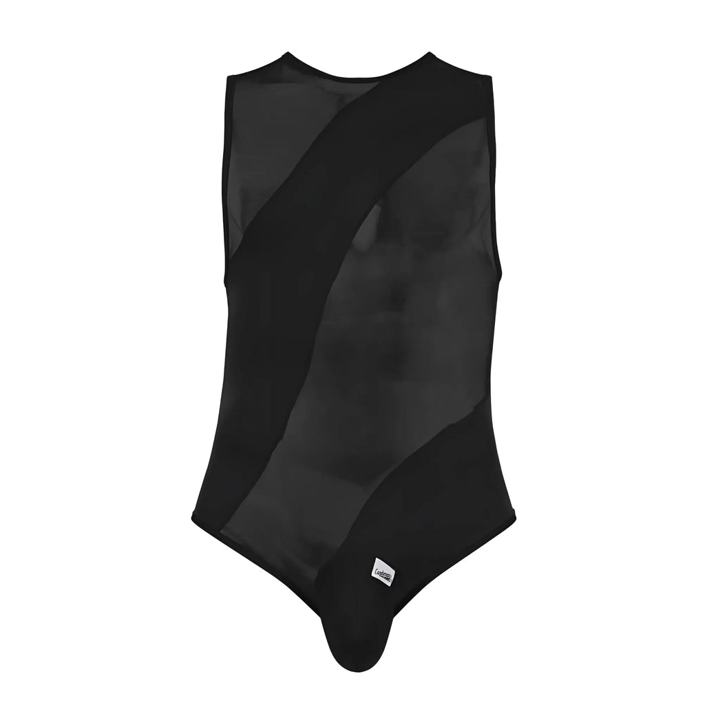 Black candyMan 99699X mesh bodysuit featuring solid fabric and diagonal panel design in one-piece style