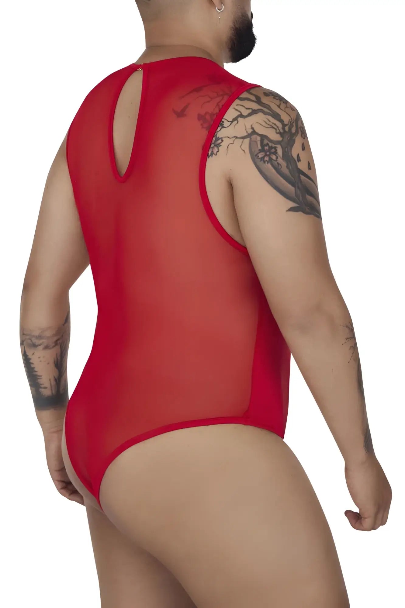 Red sheer mesh CandyMan 99699X sleeveless one-piece bodysuit with back cutout and bold design