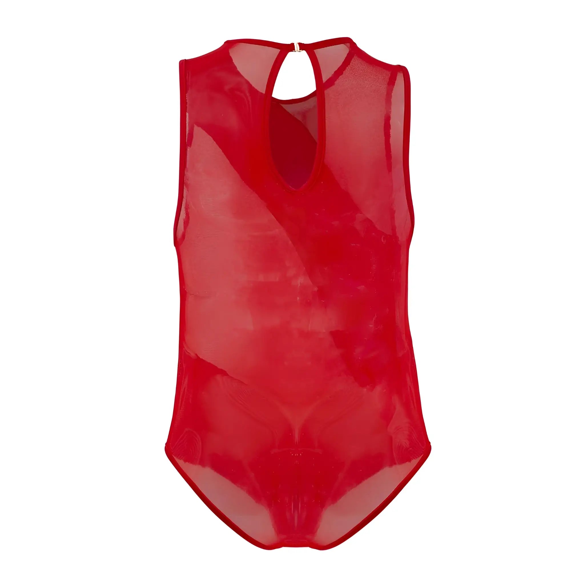 Candyman 99699X mesh bodysuit in red sheer mesh with keyhole neckline and back closure on the back side
