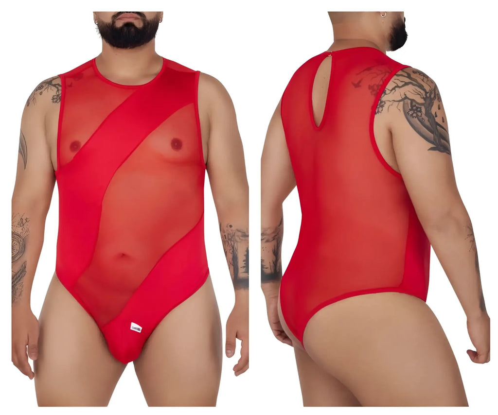CandyMan 99699X red sheer mesh bodysuit with bold geometric cutouts and back keyhole detail shown from the back