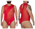 CandyMan 99699X red sheer mesh bodysuit with bold geometric cutouts and back keyhole detail shown from the back