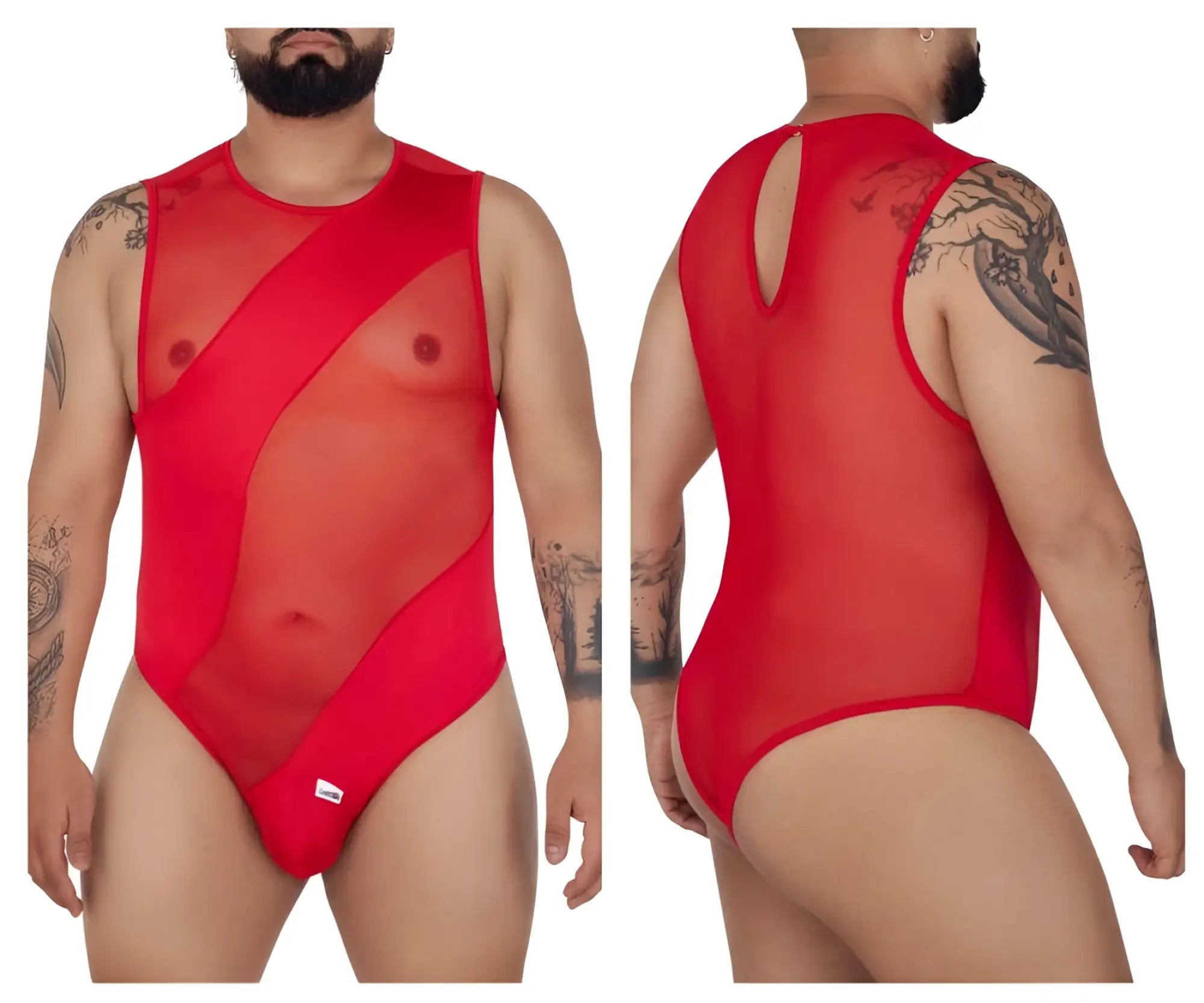 CandyMan 99699X red sheer mesh bodysuit with bold geometric cutouts and back keyhole detail shown from the back