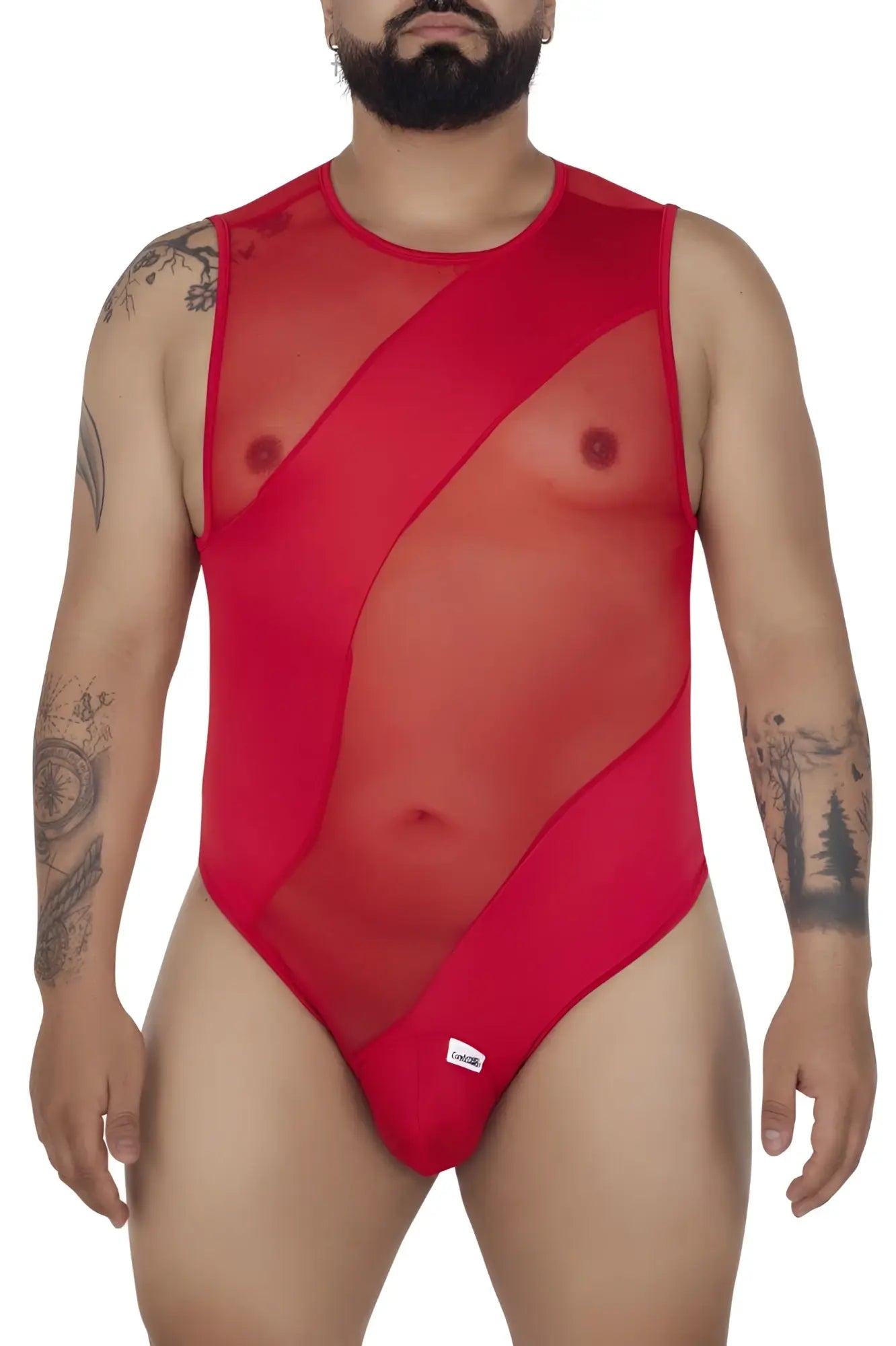 Red sheer mesh one-piece swimsuit with bold diagonal panels and a fitted cut candyMan 99699X mesh bodysuit red