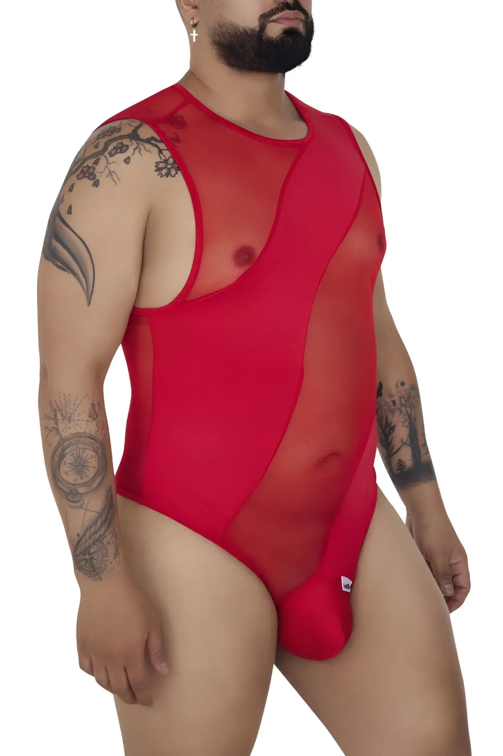 Red CandyMan 99699X sheer mesh one-piece swimsuit with solid panel and cutout design in bodysuit style