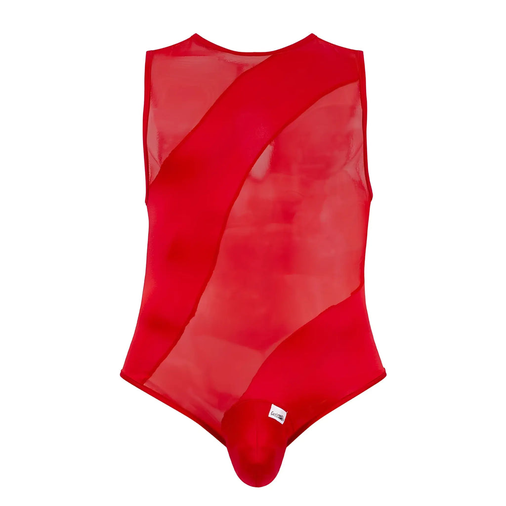 CandyMan 99699X red sleeveless bodysuit with sheer mesh overlay and bold diagonal panels for a striking look