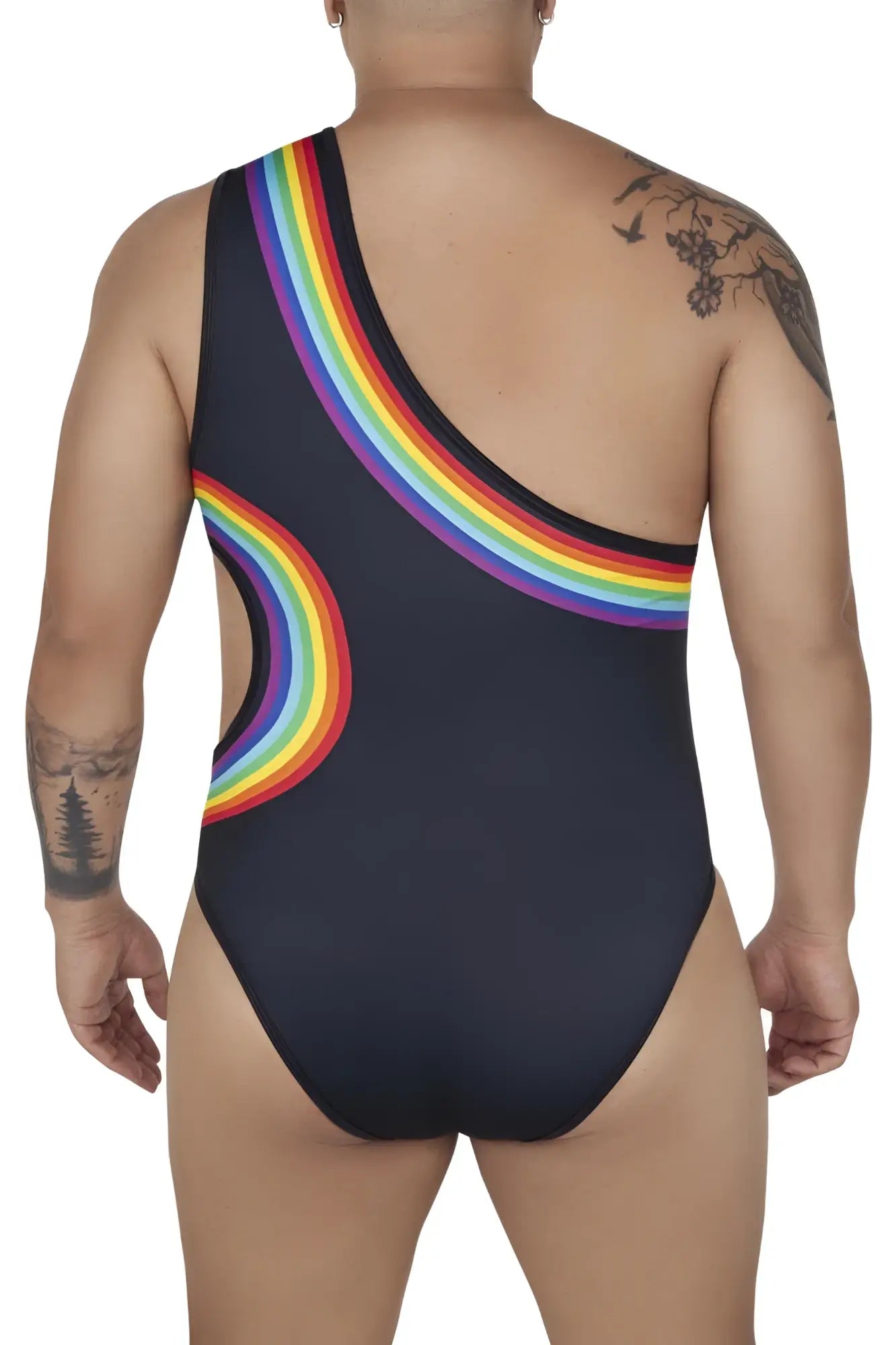 Black Candyman 99702X one-piece swimsuit with vibrant rainbow arc design along shoulder and side
