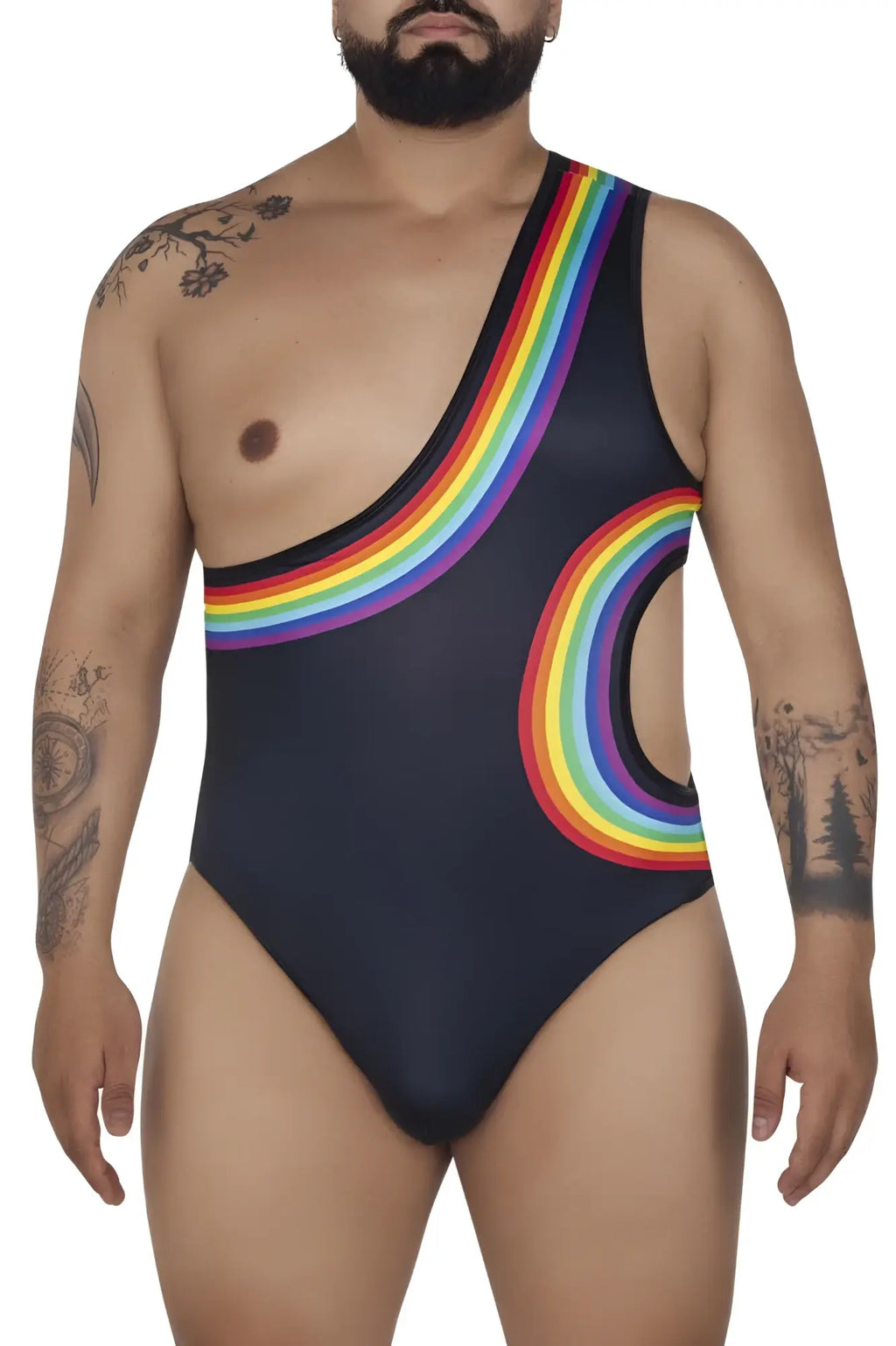 Black CandyMan 99702X one-piece swimsuit with vibrant rainbow arc design and side hip cutouts
