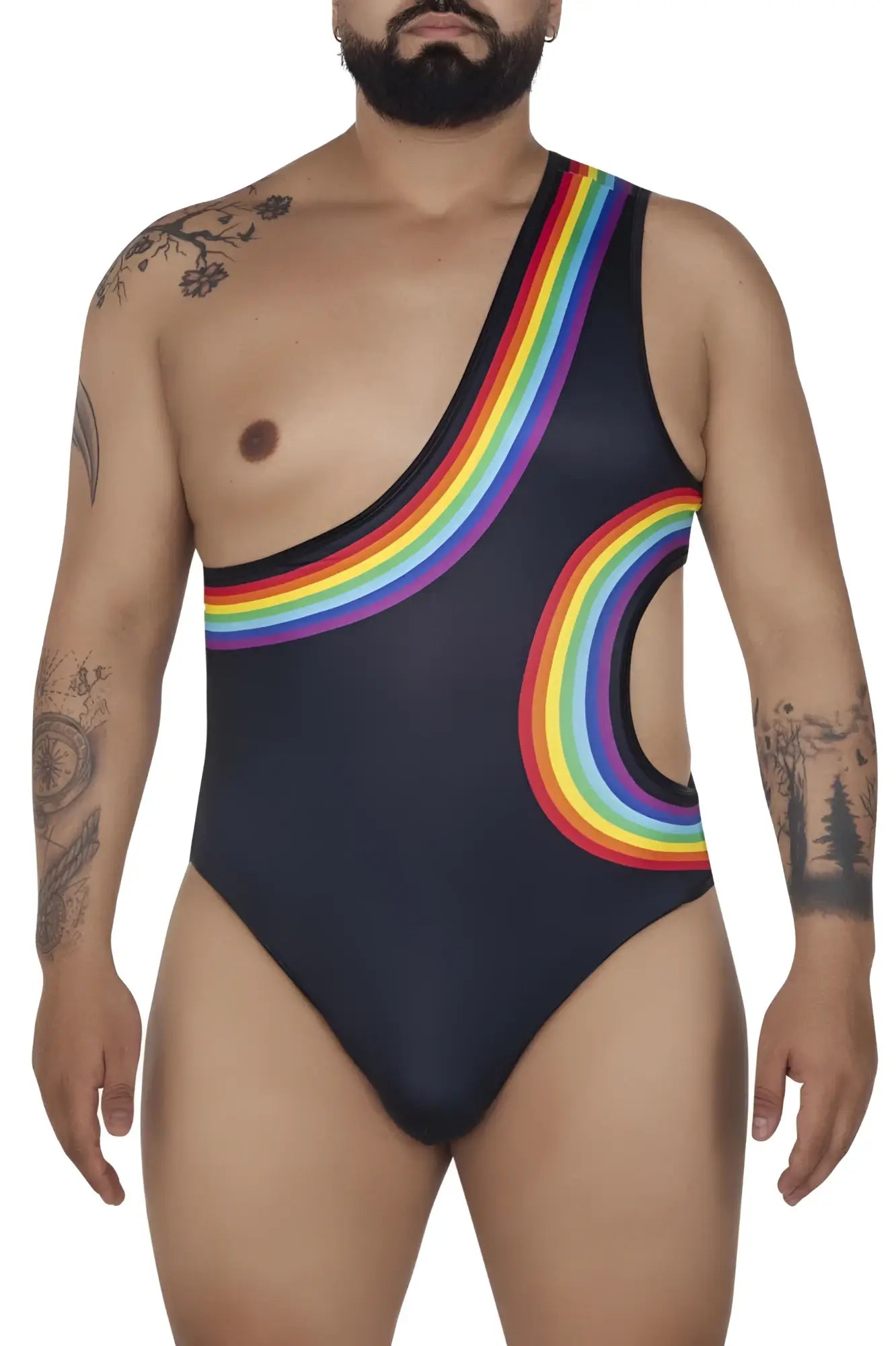 Black CandyMan 99702X one-piece swimsuit with vibrant rainbow arc design and side hip cutouts