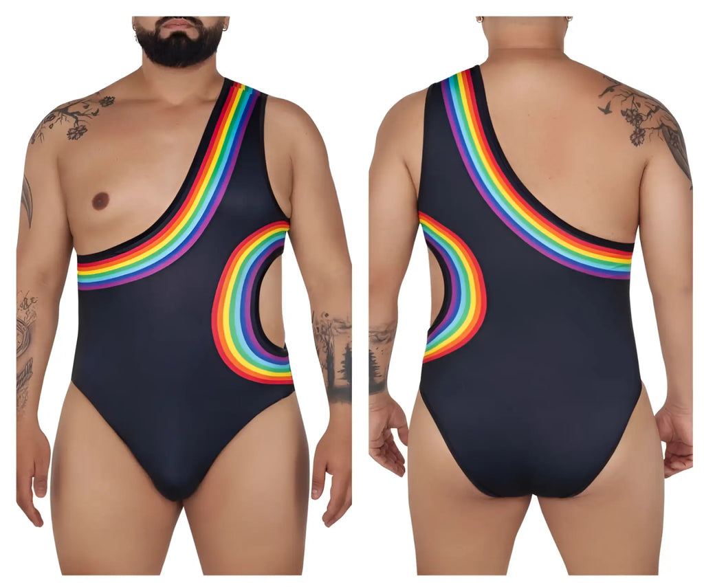 Black CandyMan 99702X one-piece swimsuit with vibrant rainbow arc and cutout details on chest and back