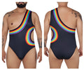 Black CandyMan 99702X one-piece swimsuit with vibrant rainbow arc and cutout details on chest and back