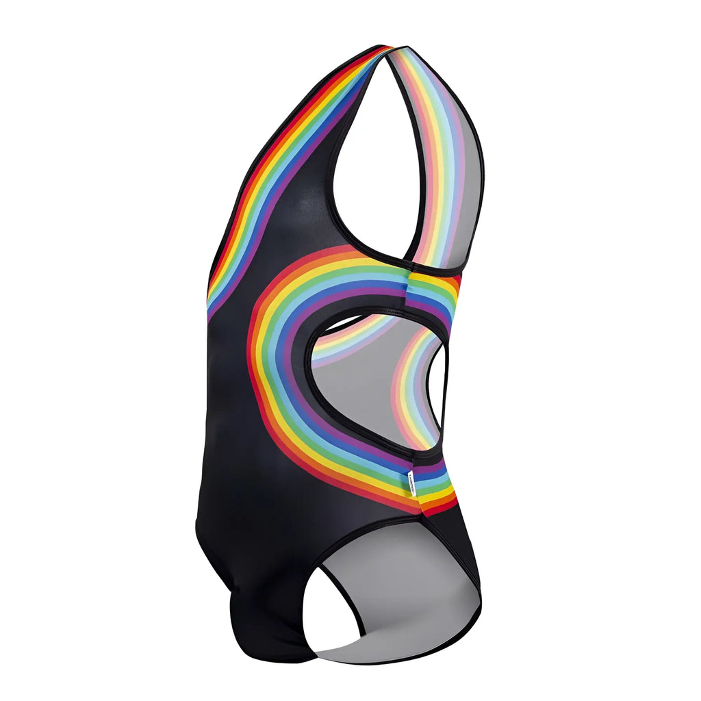 Black CandyMan 99702X one-piece swimsuit with vibrant rainbow arc design and mesh panels for stylish swimwear