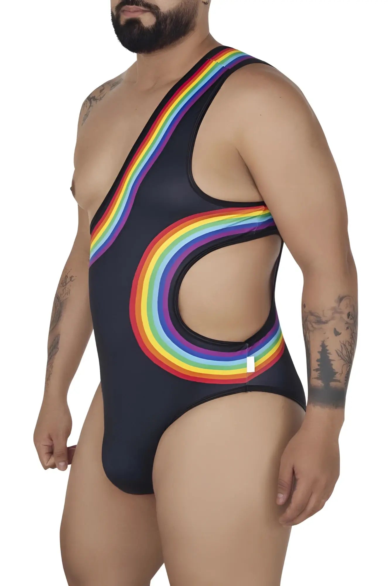 Black one-piece swimsuit candyMan 99702X with vibrant rainbow arc design across torso and hip area