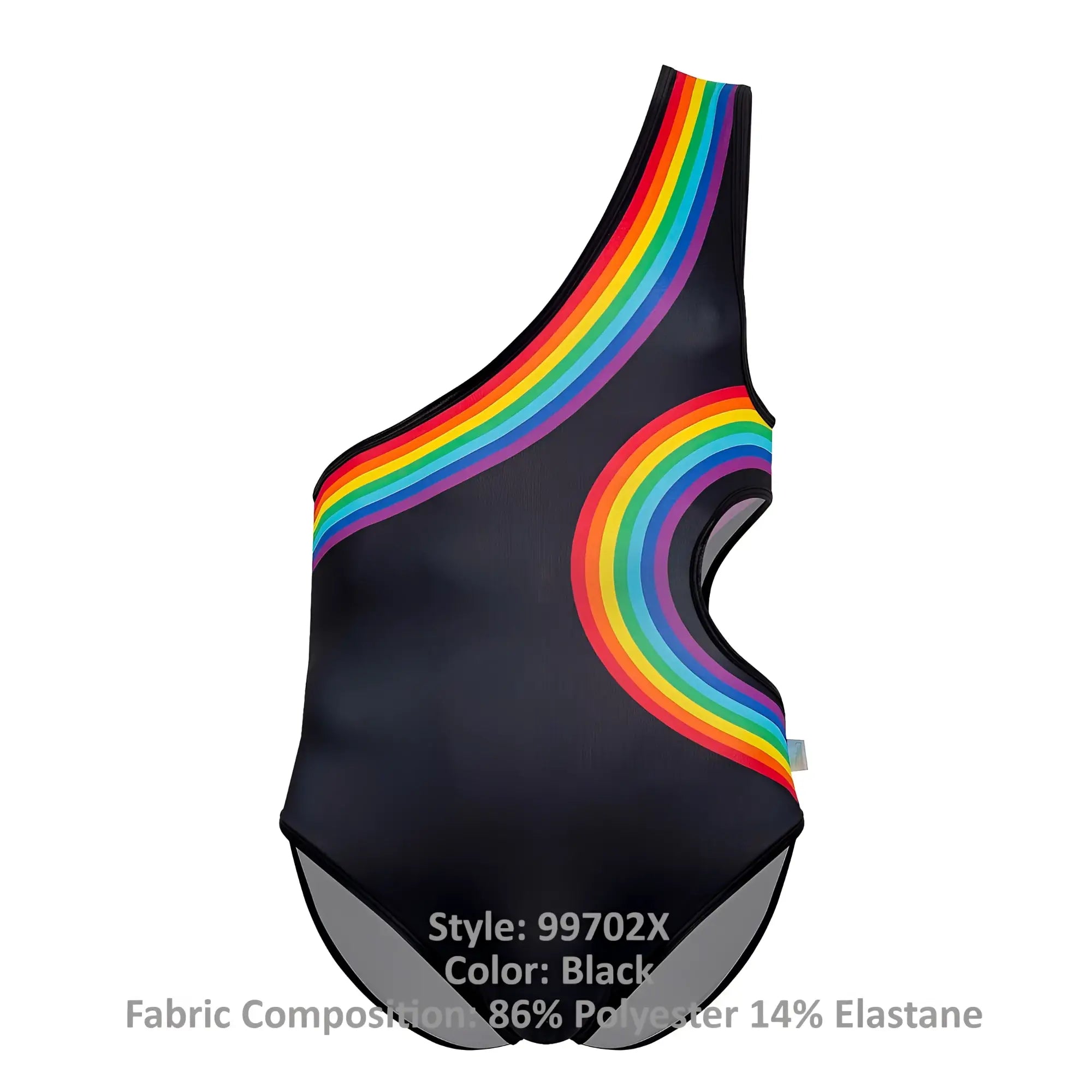 Black CandyMan 99702X rainbow bodysuit one-shoulder swimsuit with vibrant rainbow arc on shoulder and side