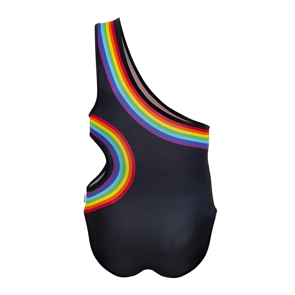 Black Candyman 99702X one-shoulder swimsuit with vibrant rainbow arc design on shoulder and side