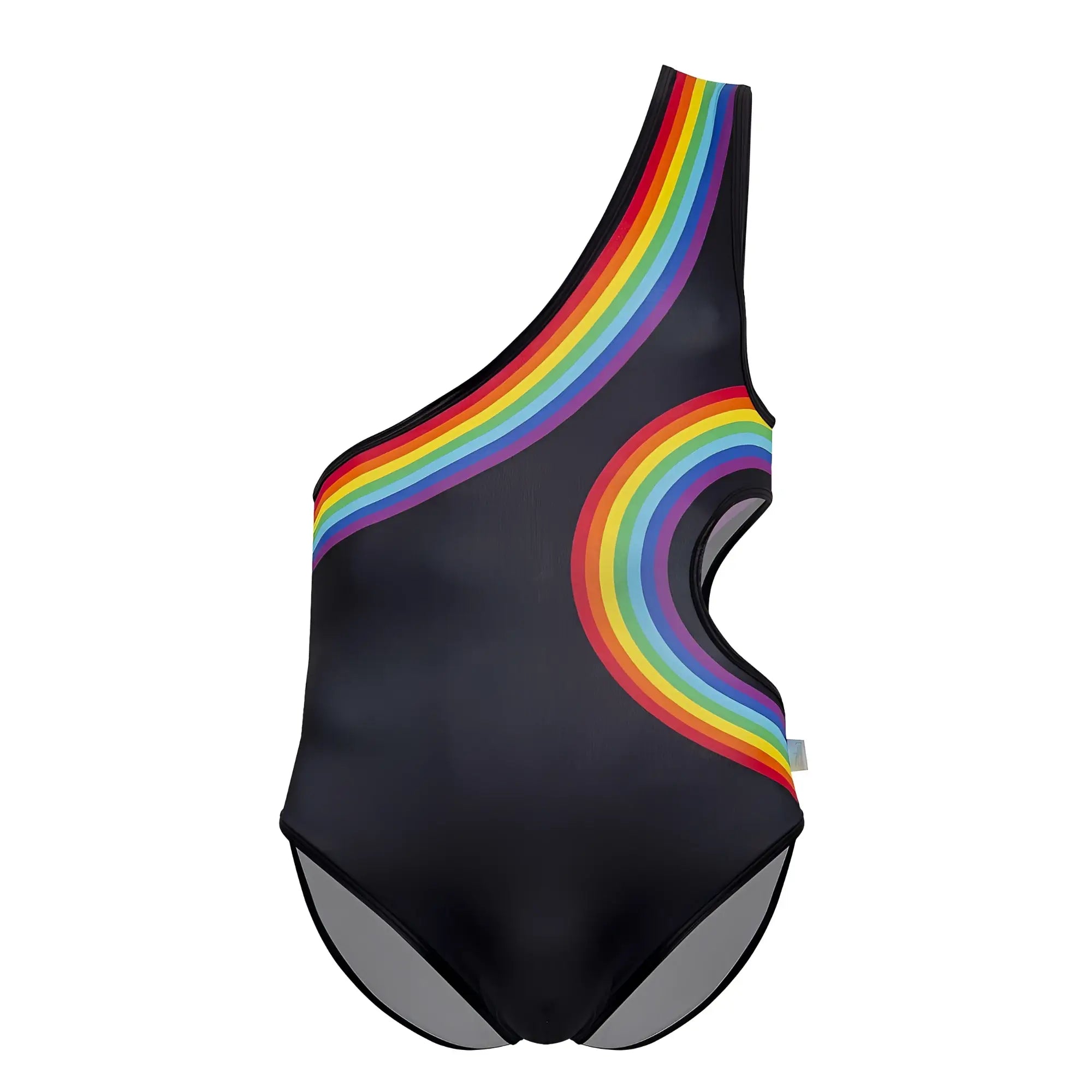 Black one-shoulder CandyMan 99702X Rainbow bodysuit with vibrant curved rainbow stripes in red orange yellow green blue purple