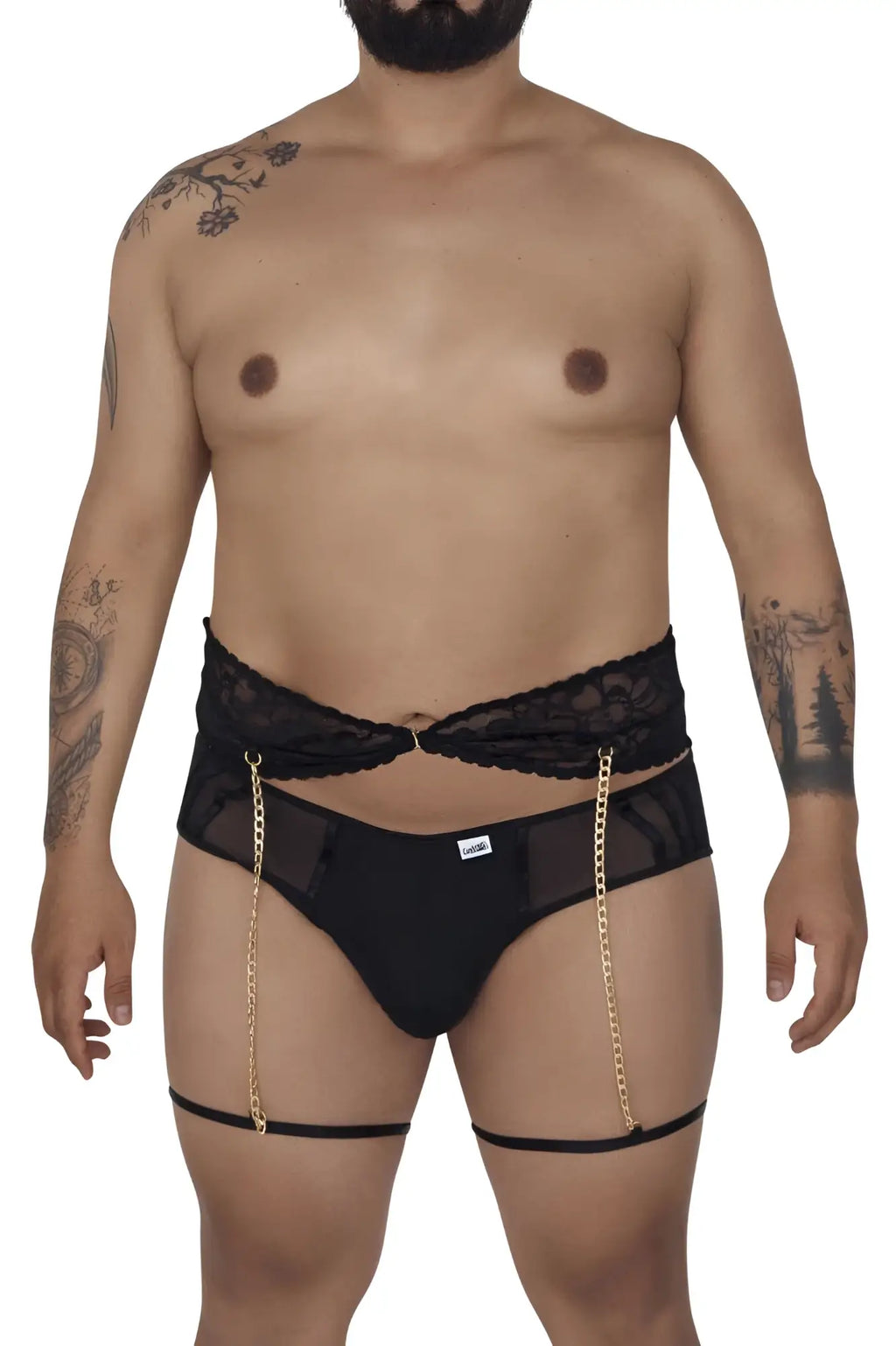 Black candyMan 99703X garter briefs with lace trim gold chain detail and mesh panels in a two piece set