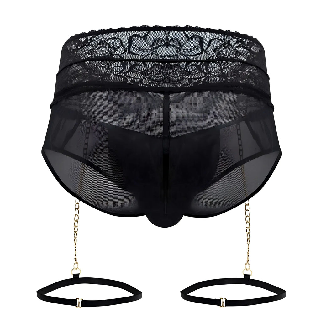 Black lace-trimmed mesh garter briefs with gold chain suspenders and adjustable straps candy man 99703x two piece set