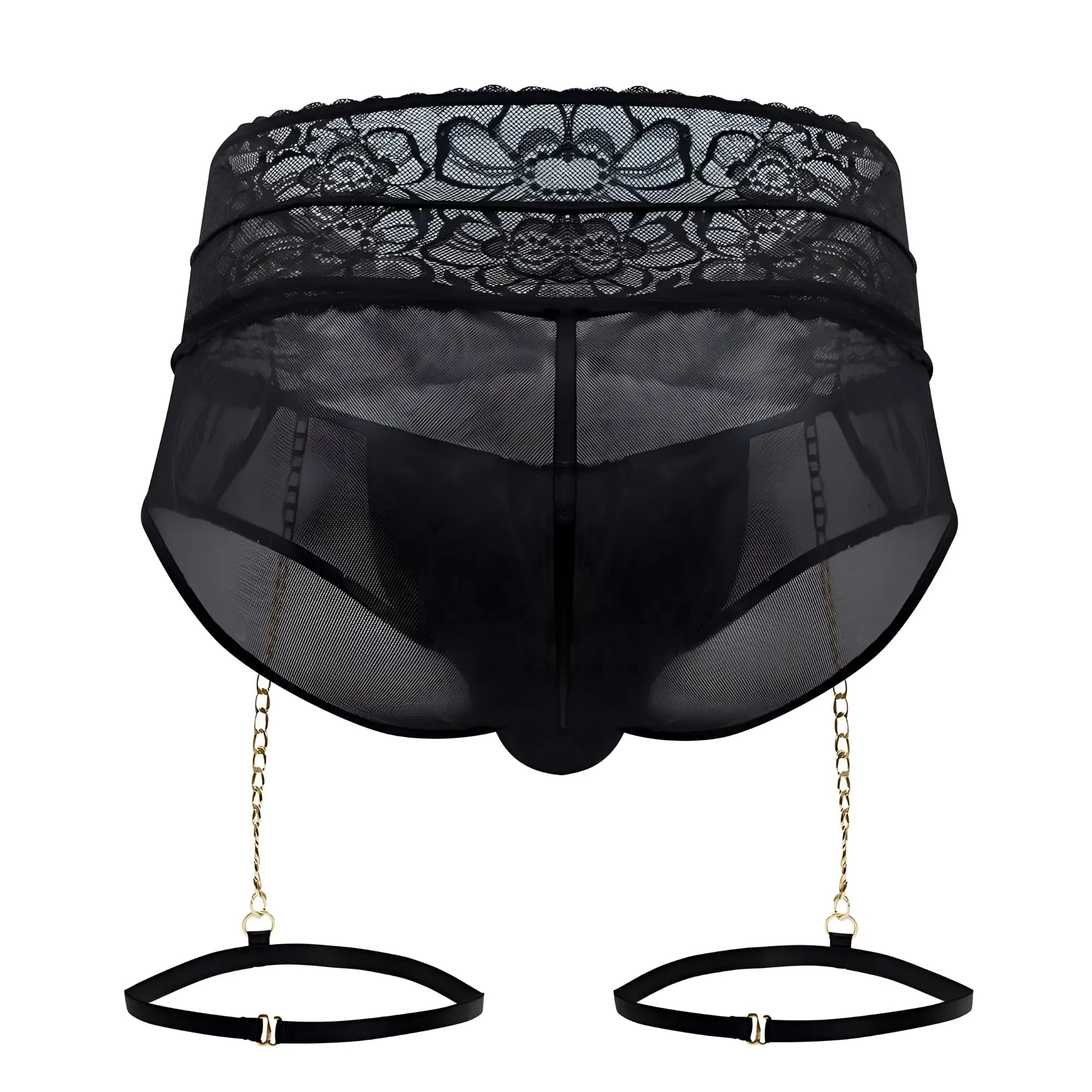 Black lace-trimmed mesh garter briefs with gold chain suspenders and adjustable straps candy man 99703x two piece set