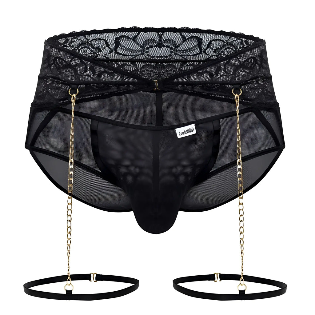 Black lace-trimmed mesh CandyMan 99703X garter briefs with gold chain suspenders and black elastic straps in black