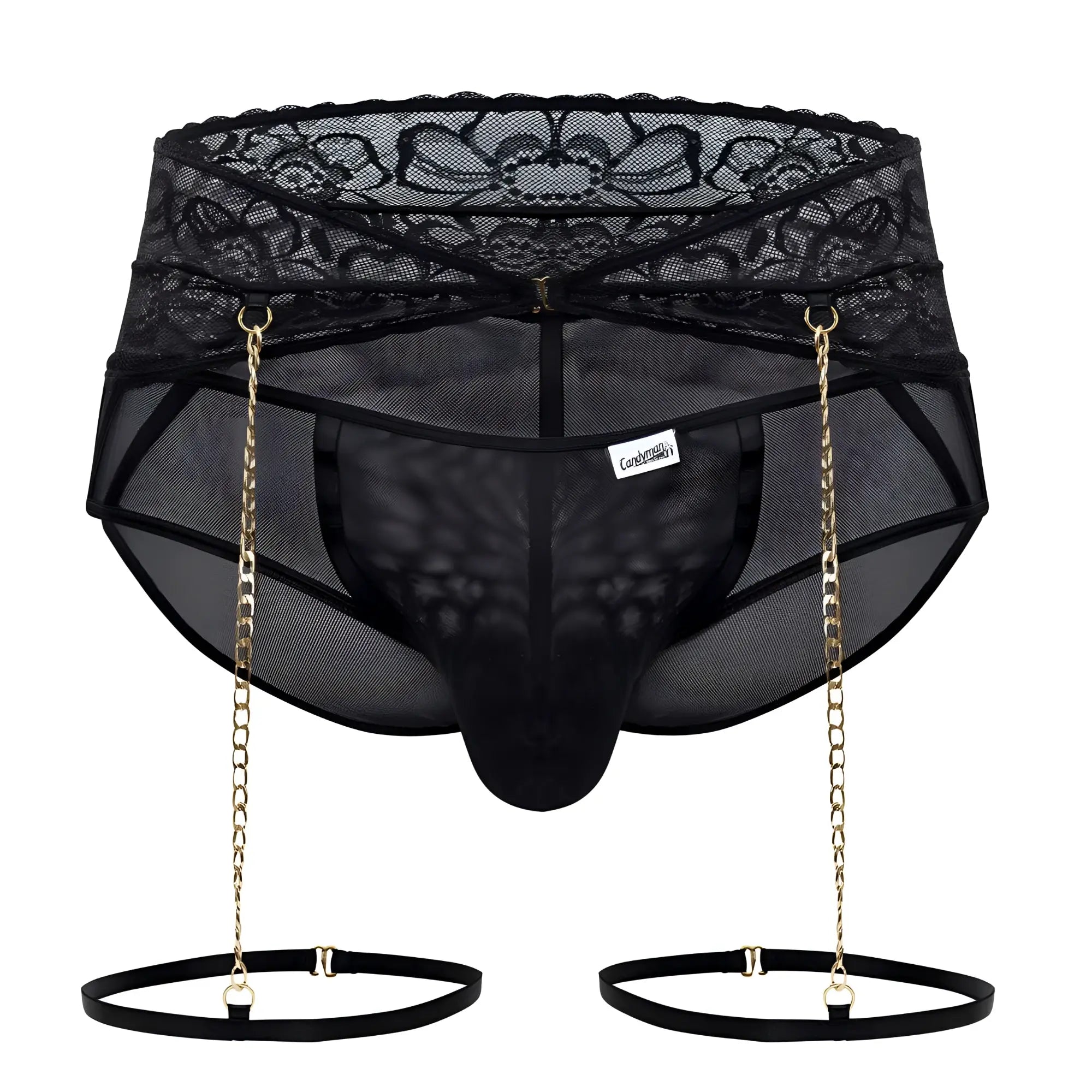 Black lace-trimmed mesh CandyMan 99703X garter briefs with gold chain suspenders and black elastic straps in black