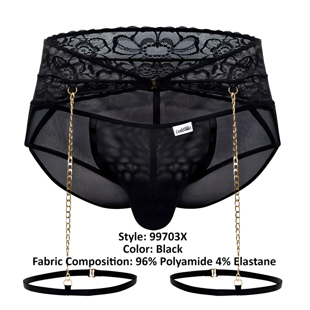 Black lace-trimmed mesh briefs with gold chain suspenders and black elastic straps from candyman 99703x garter briefs set