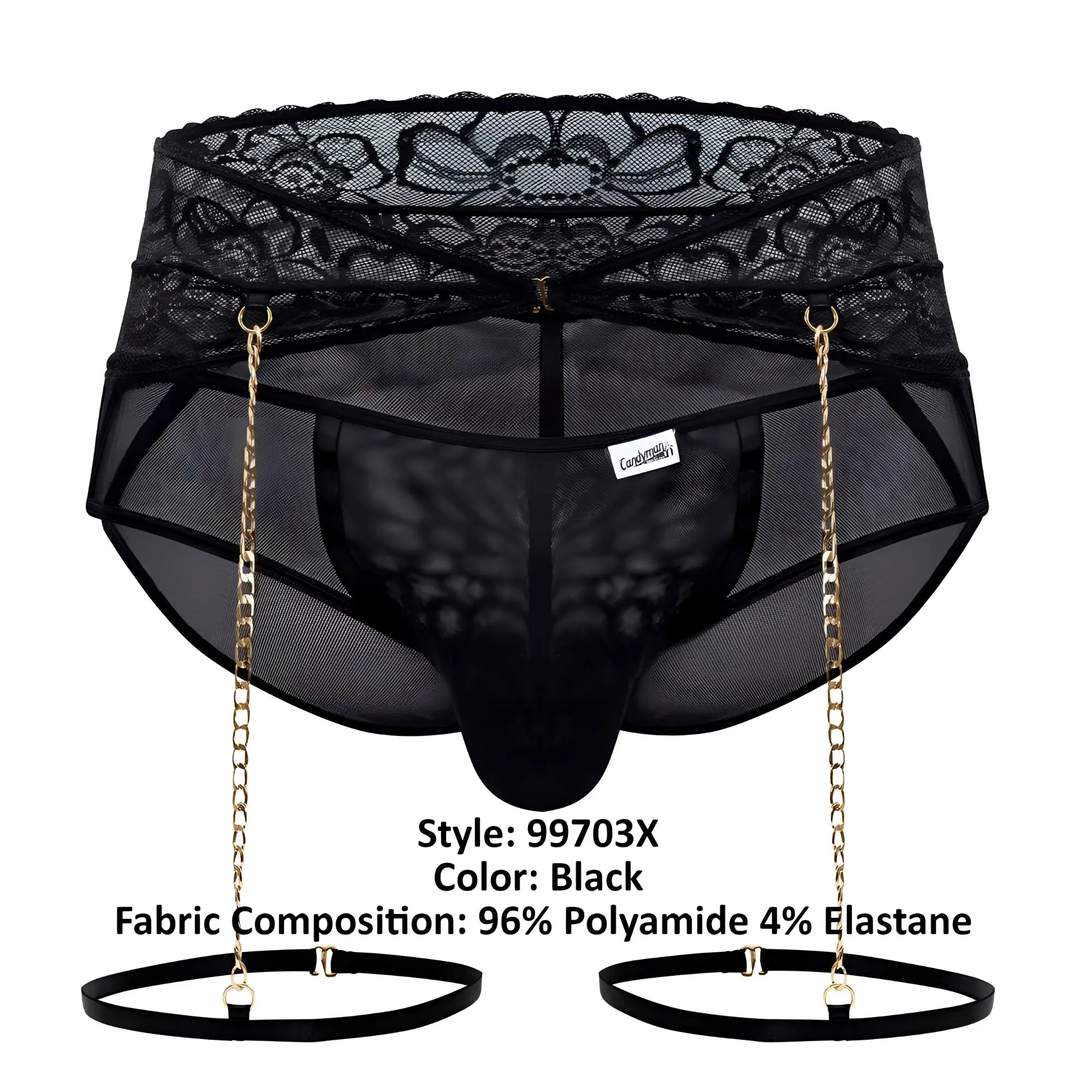 Black lace-trimmed mesh briefs with gold chain suspenders and black elastic straps from candyman 99703x garter briefs set
