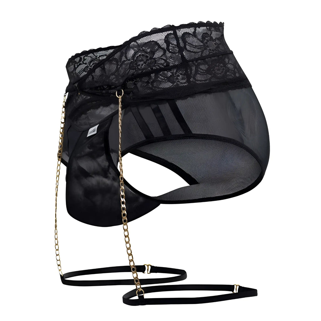Black lace-trimmed mesh hip bag with gold chain strap and adjustable belt from candyman 99703x garter briefs set