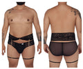 Black candyMan 99703X garter briefs two piece set with lace trim sheer fabric and gold chain detailing