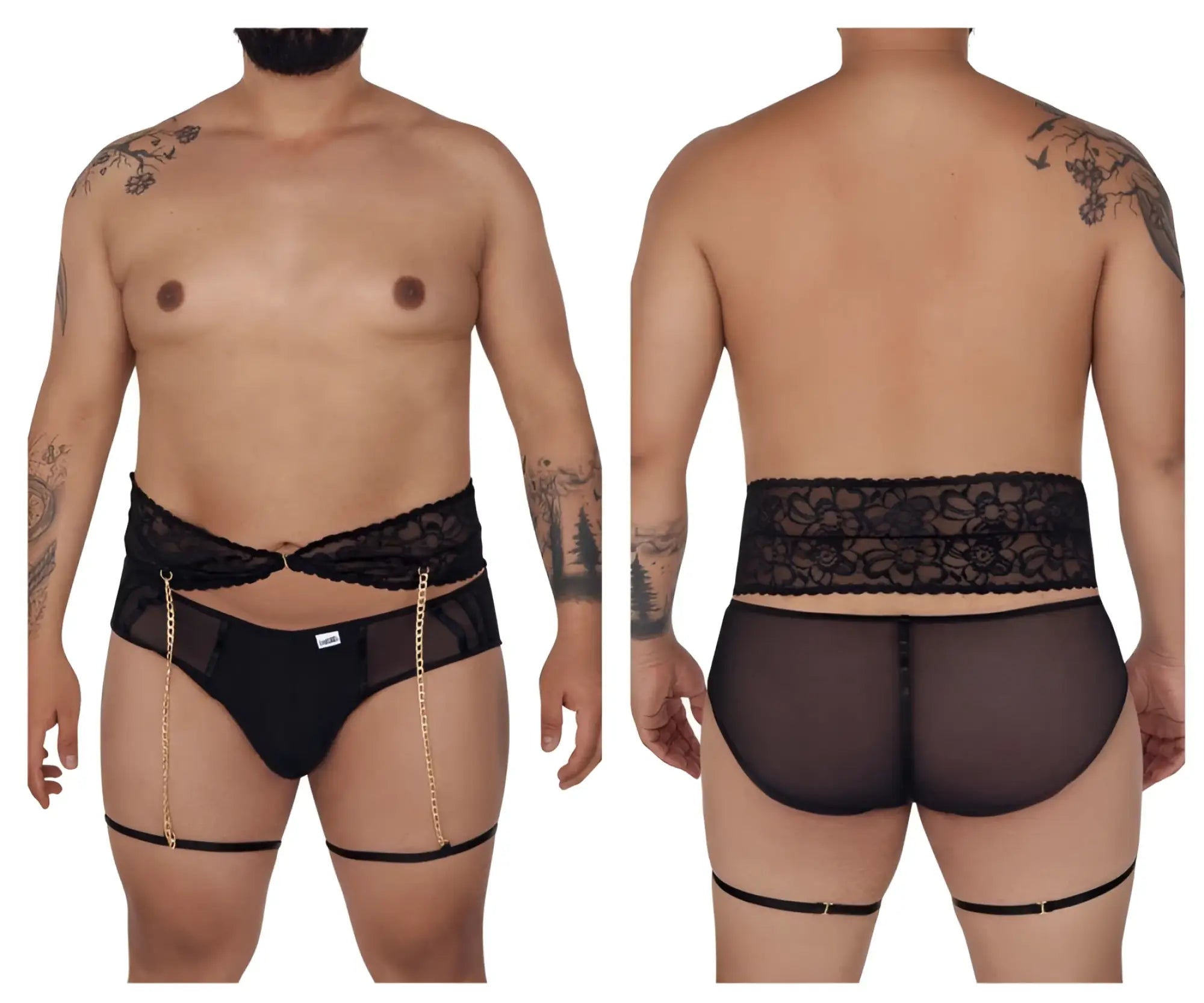 Black candyMan 99703X garter briefs two piece set with lace trim sheer fabric and gold chain detailing