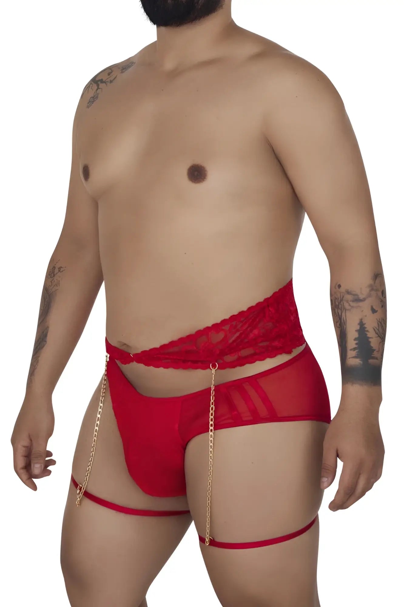Red lace and mesh men’s lingerie garter briefs with gold chain straps candyMan 99703X two piece set