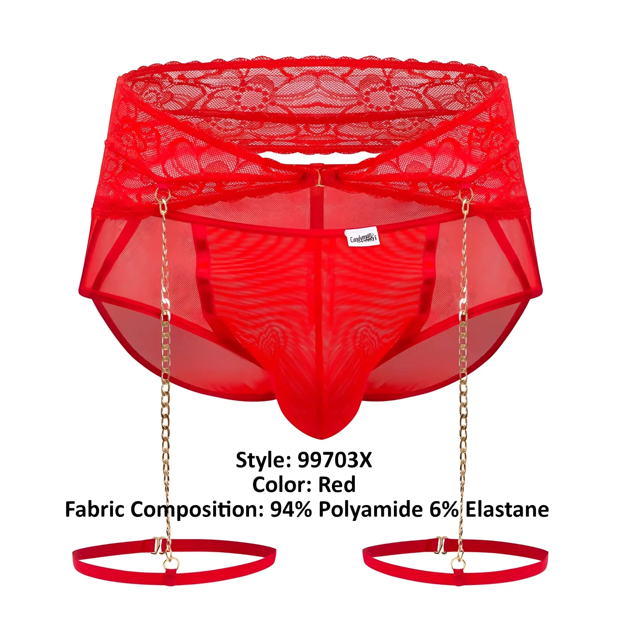 Red lace-trimmed mesh briefs with gold chain suspenders and matching straps from candyman 99703x garter briefs set