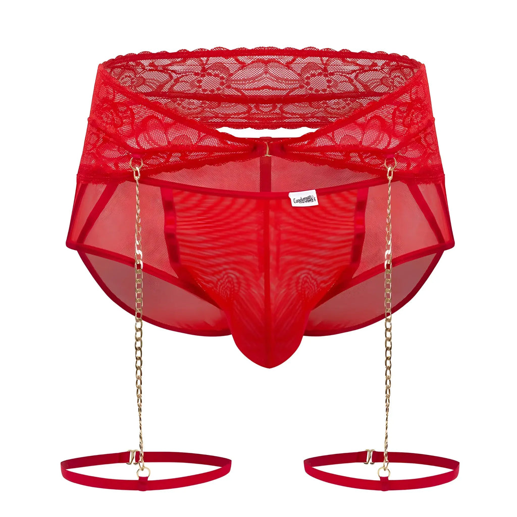 Red candyMan 99703X garter briefs two piece set featuring lace-trimmed mesh briefs with gold chain suspenders