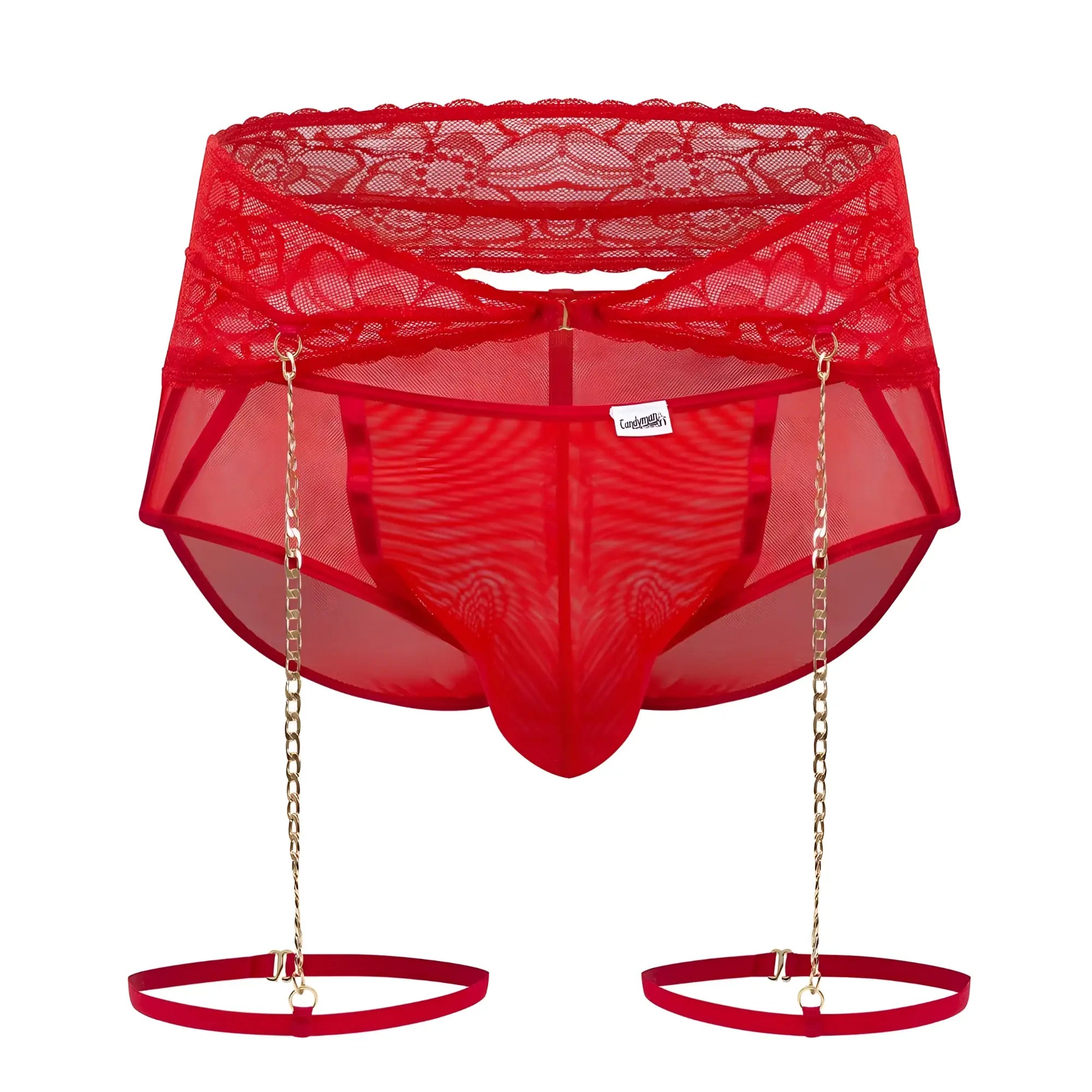 Red candyMan 99703X garter briefs two piece set featuring lace-trimmed mesh briefs with gold chain suspenders