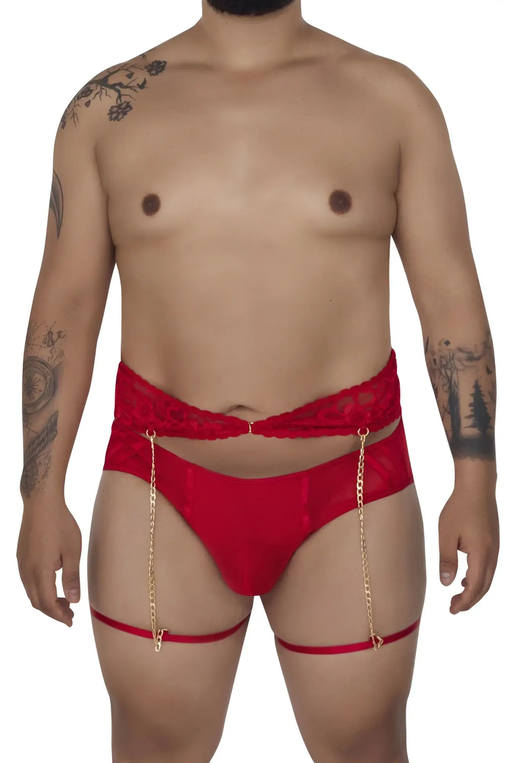 Red lace-trimmed satin briefs with gold chain suspenders from candyman 99703x garter briefs two piece set in red