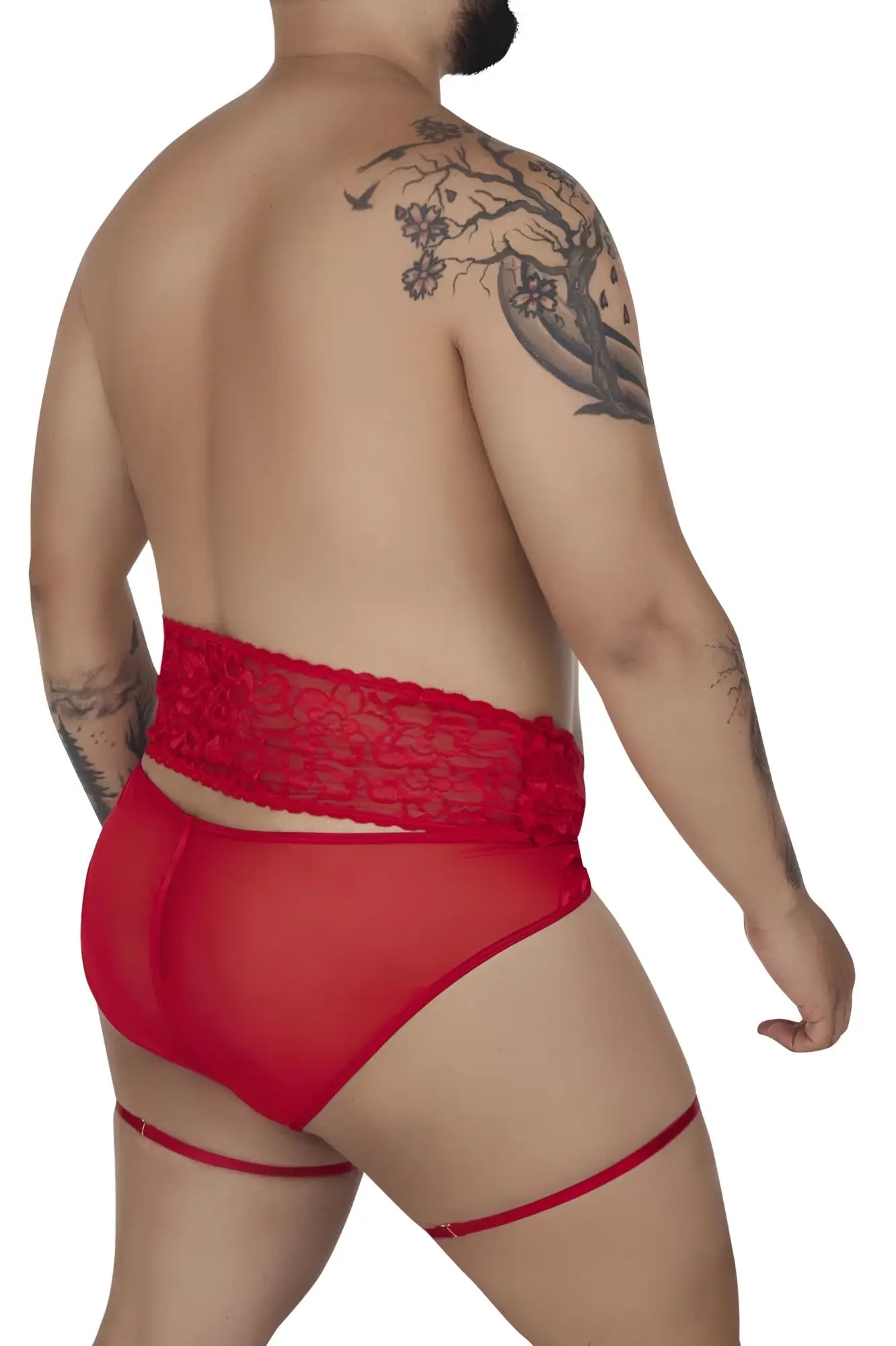 Red lace-trimmed sheer briefs with matching red garter straps from candyman 99703x garter briefs two piece set