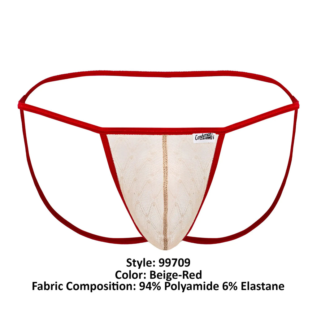 CandyMan 99709 micro lace jockstrap in beige and red mesh with central gold-colored seam detail