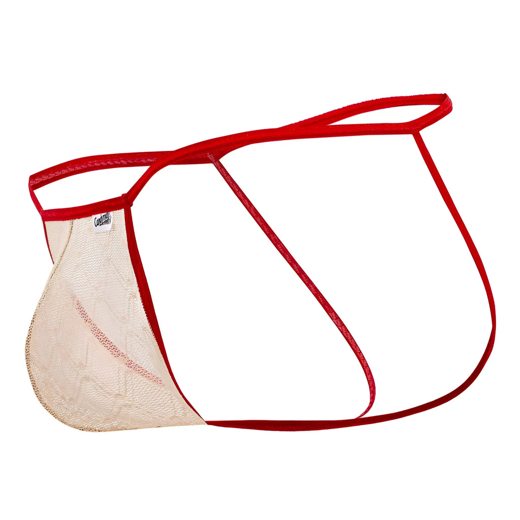 Red and beige mesh thong with red elastic waistband from candyman 99709 micro lace jockstrap collection