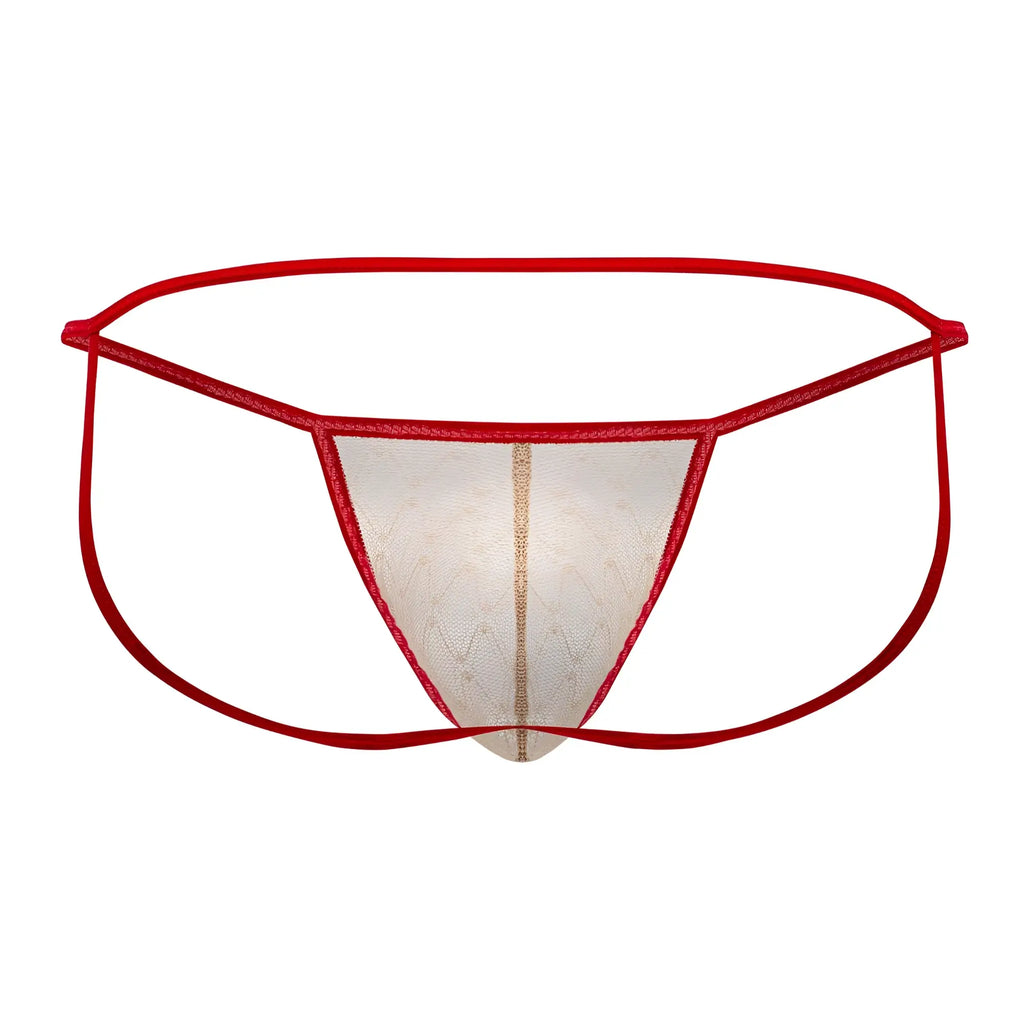 Red lace thong with sheer patterned center panel and thin elastic waistband in beige and red from candyman