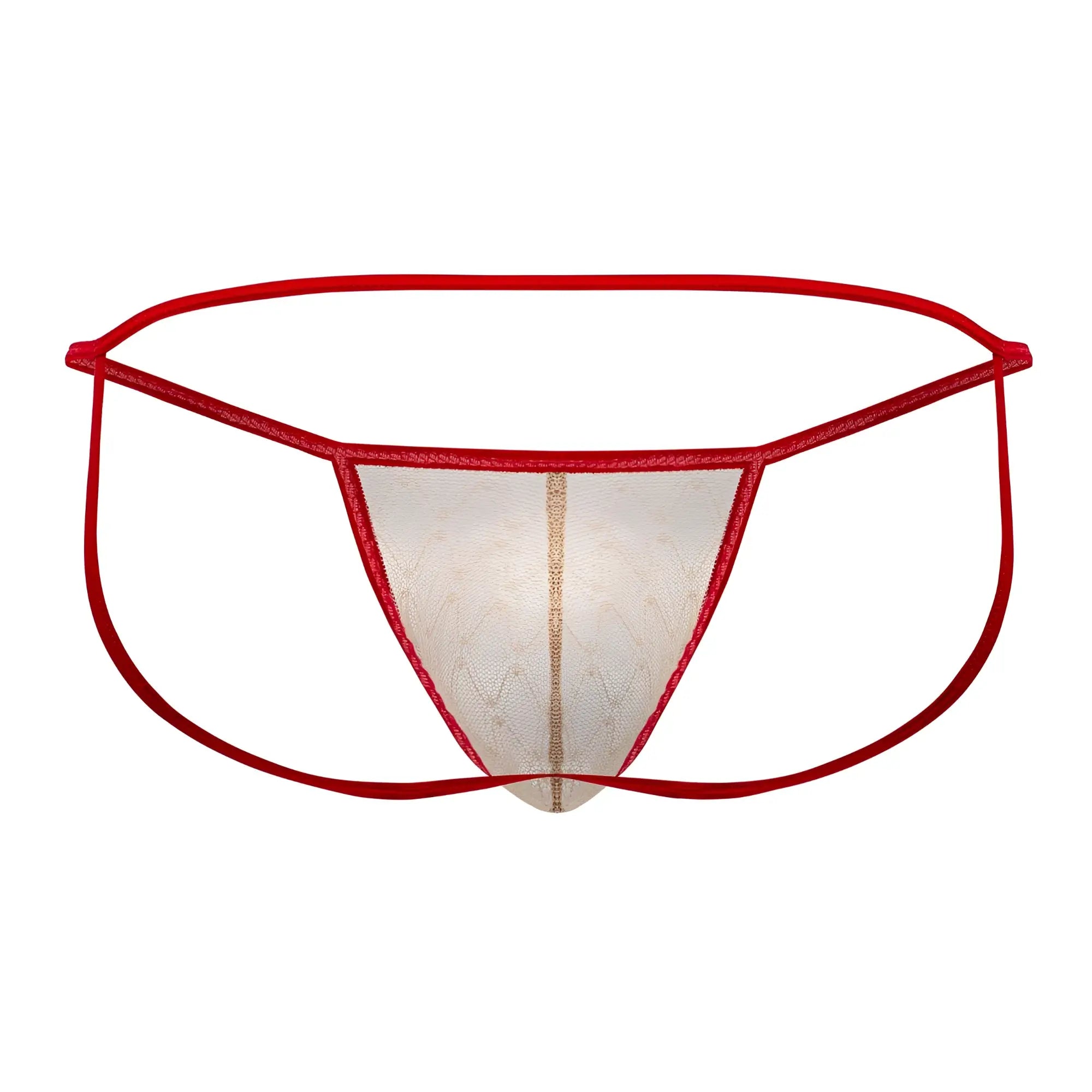 Red lace thong with sheer patterned center panel and thin elastic waistband in beige and red from candyman