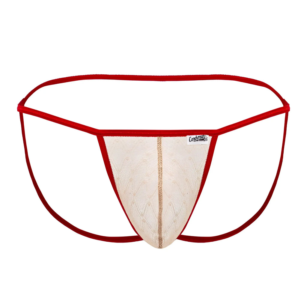 Candidman 99709 micro lace jockstrap in beige with red trim mesh thong and gold-toned vertical stripe detail