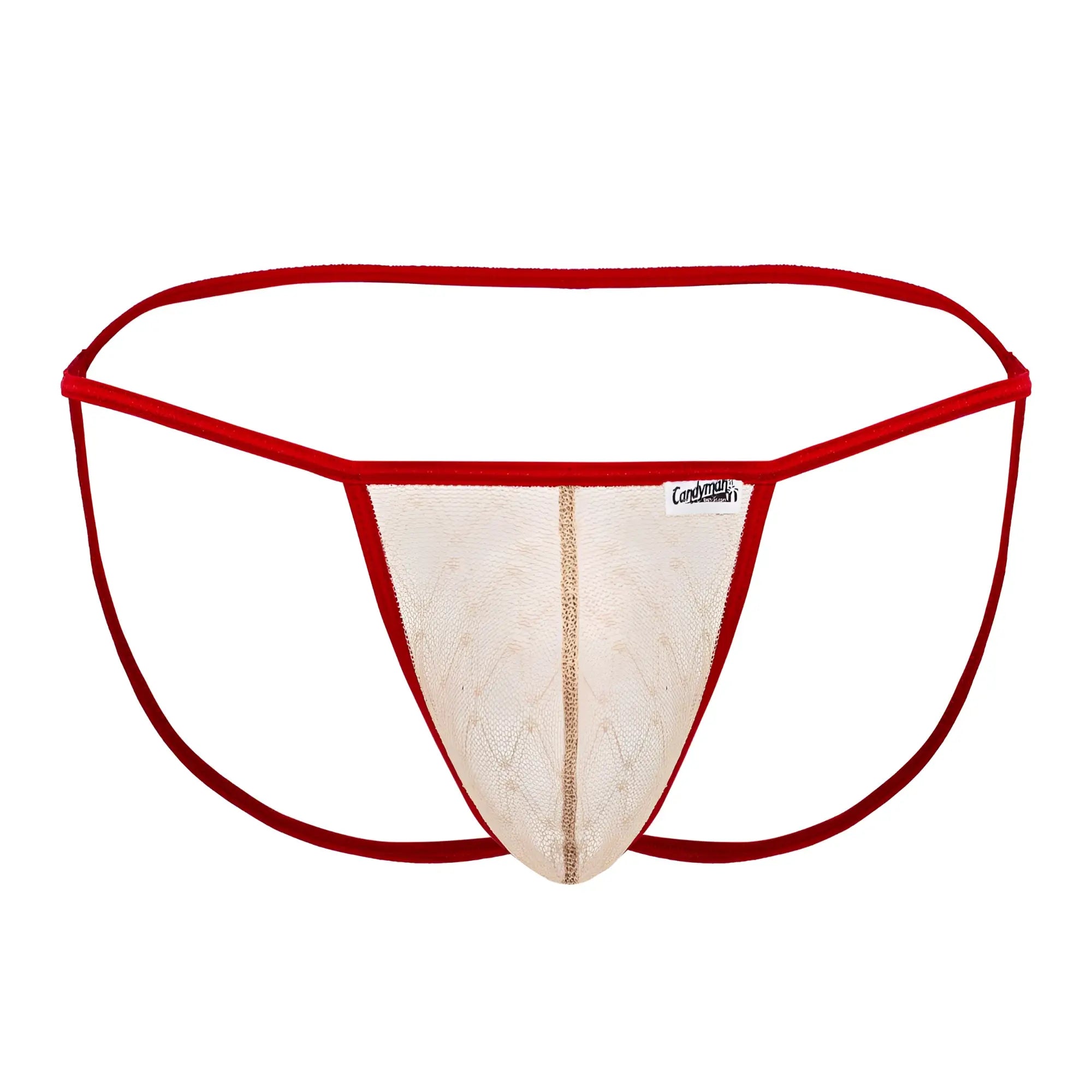 Candidman 99709 micro lace jockstrap in beige with red trim mesh thong and gold-toned vertical stripe detail
