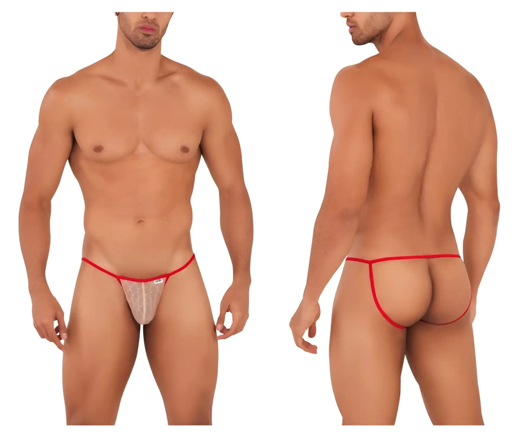 CandyMan 99709 micro lace jockstrap beige-red sheer thong with red trim subtle pattern and small brand tag