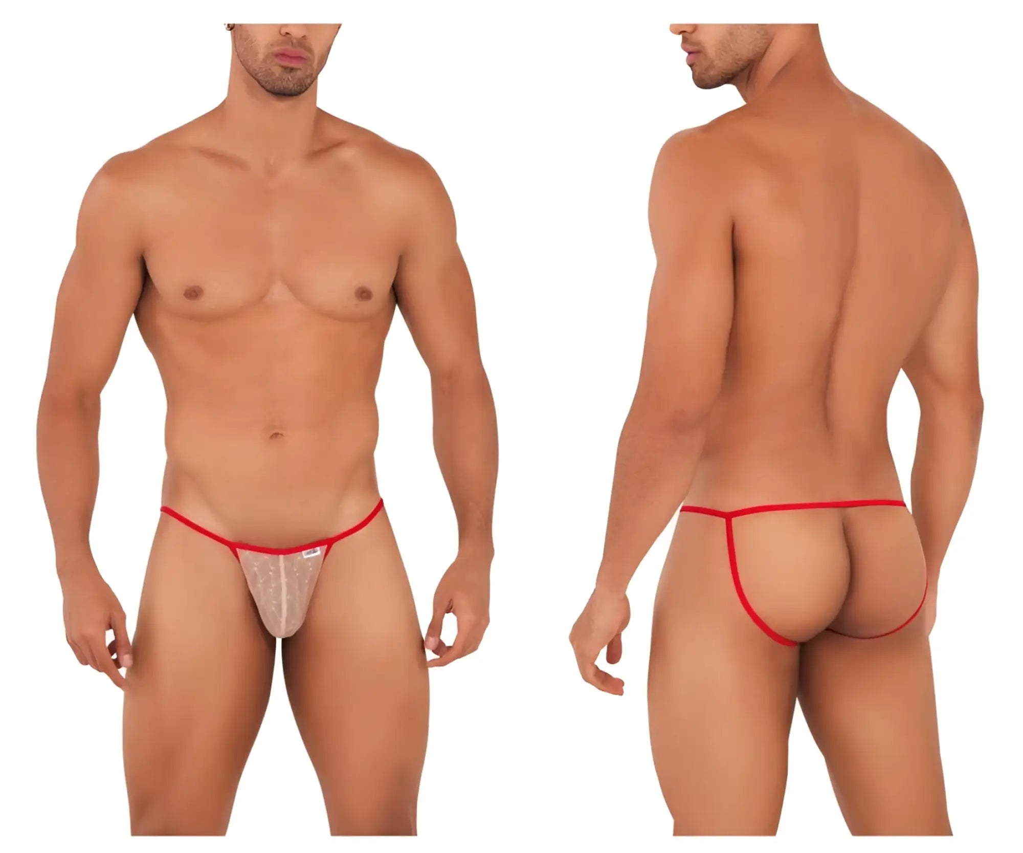 CandyMan 99709 micro lace jockstrap beige-red sheer thong with red trim subtle pattern and small brand tag