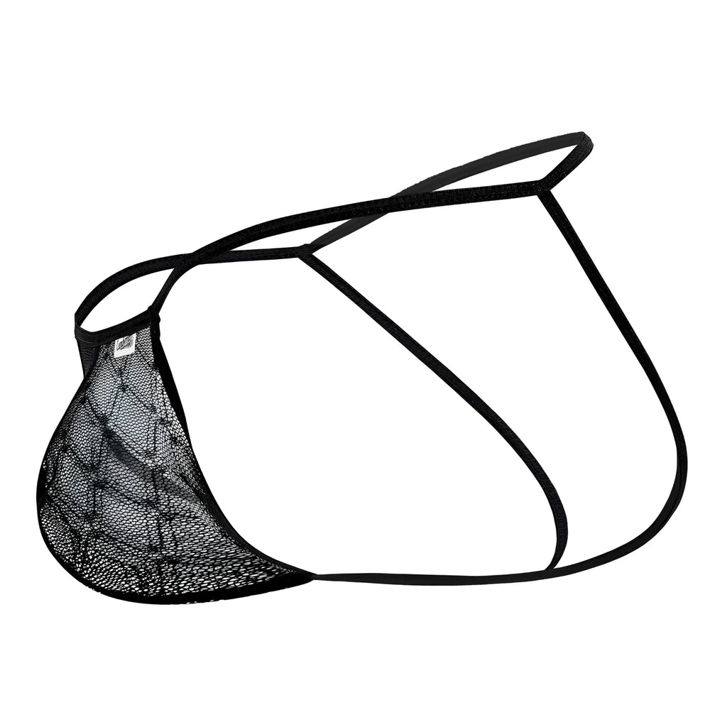 Black mesh men’s thong candyMan 99709 micro lace jockstrap with thin elastic straps in black color