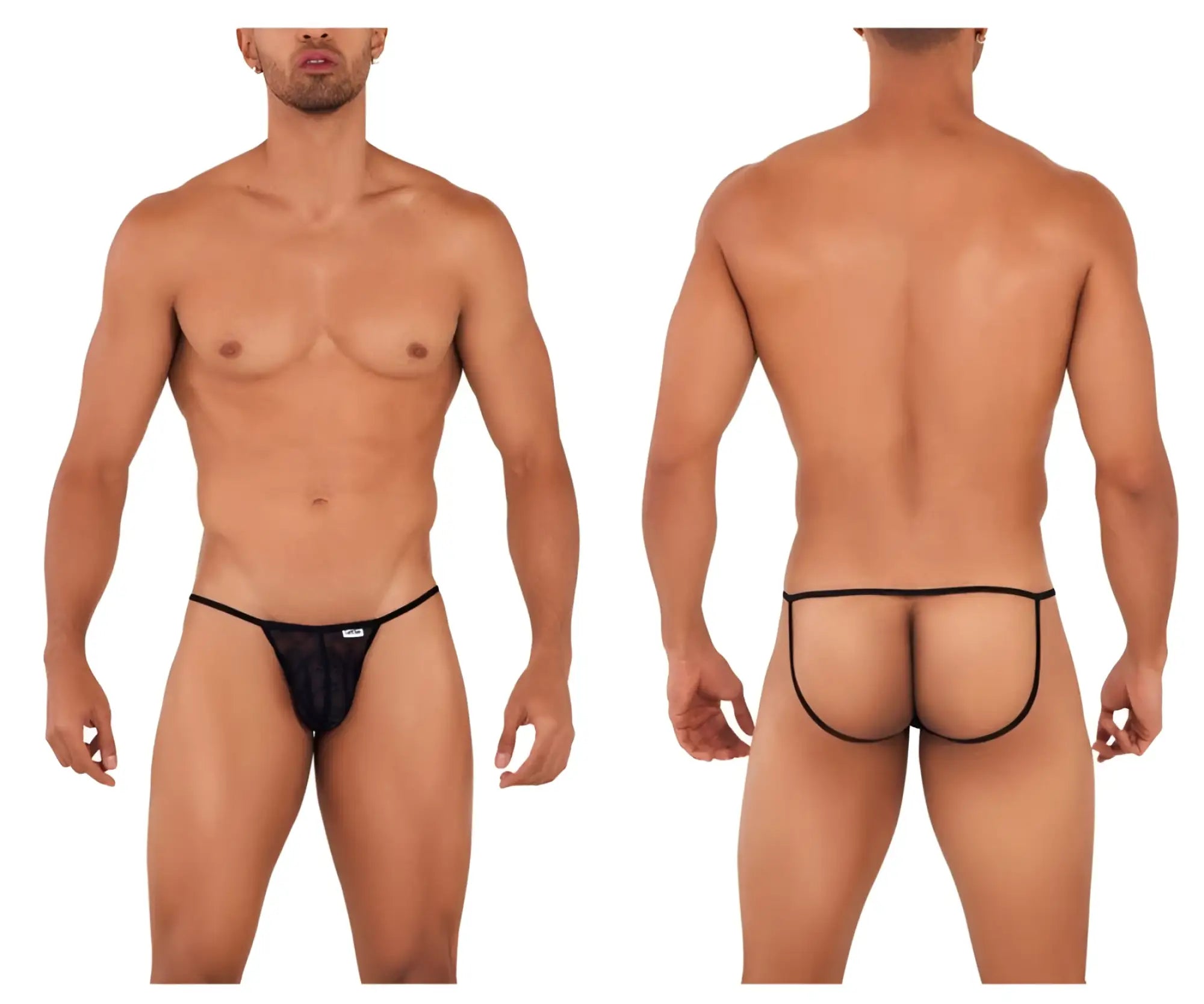 Black candyMan 99709 micro lace jockstrap with black mesh thong, thin elastic waistband, and leg straps